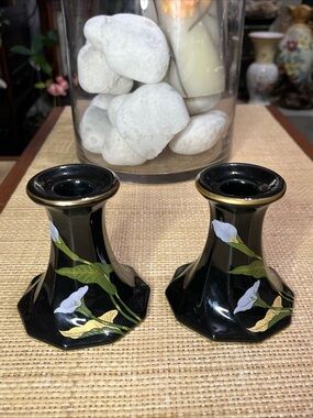 Black Ceramic Floral Candle Holders with Gold Trim - Pair